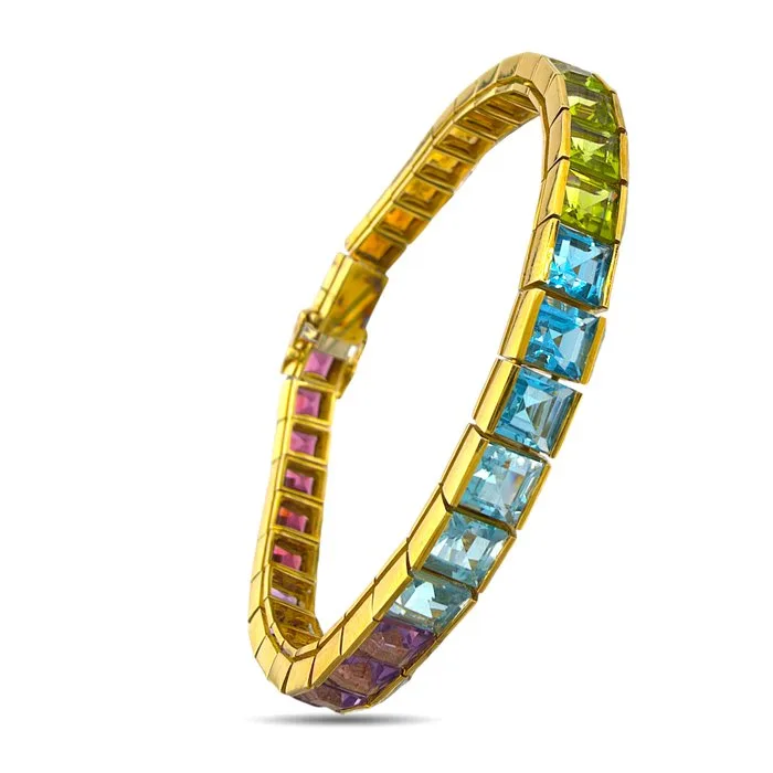 Bracelet - 18 kt. 18K Yellow Gold Rainbow Multi-Gemstone Tennis Bracelet, Yellow gold