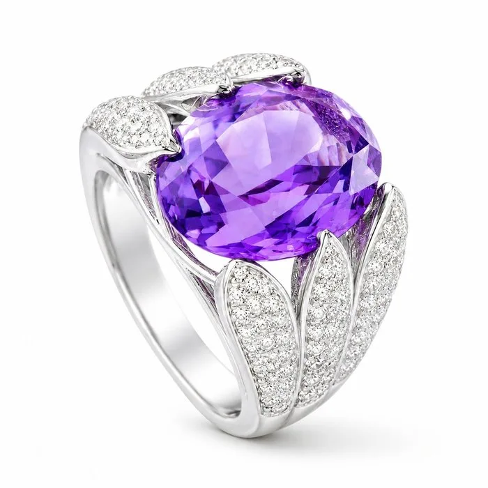 Ring - 18 kt. White gold, EXCLUSIVE Large 18K White Gold 1.10ct Diamond and 10.0ct Amethyst Ring Amethyst - Diamond