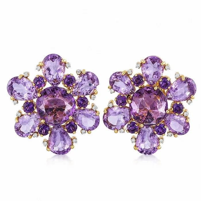 Earrings - 14 kt. 14K Yellow Gold 0.26ct Diamond Amethyst Flower Earrings, Yellow gold