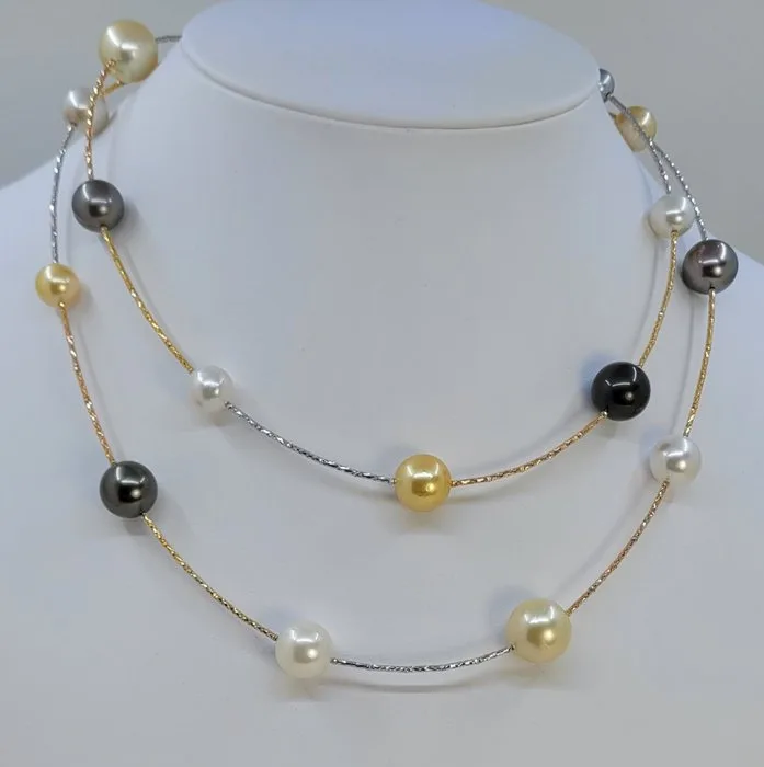 Necklace - 18 kt. Yellow gold, White gold, Rose gold, White and Golden South Sea with Peacock Tahiti Pearls