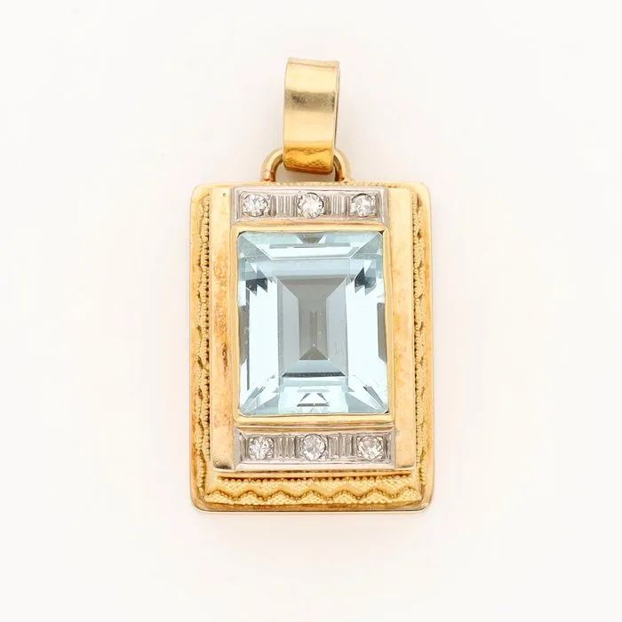 Pendant - 14 kt. Yellow gold, White gold Aquamarine - Diamond - Art Deco
