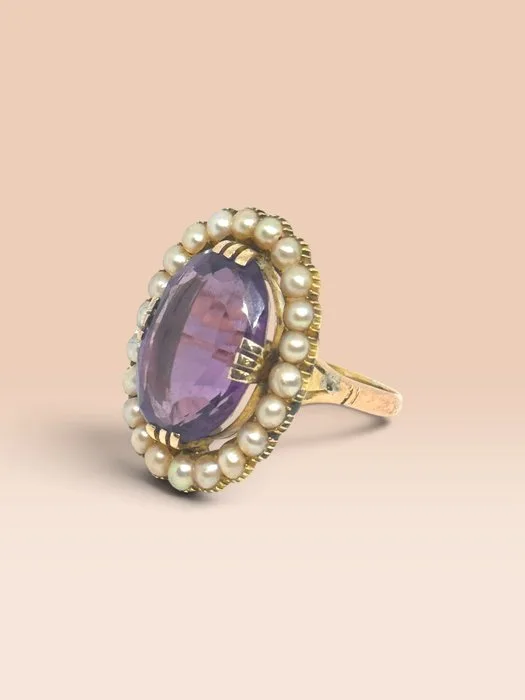 Ring - 15 kt. Yellow gold Amethyst - Pearl - Victorian ring