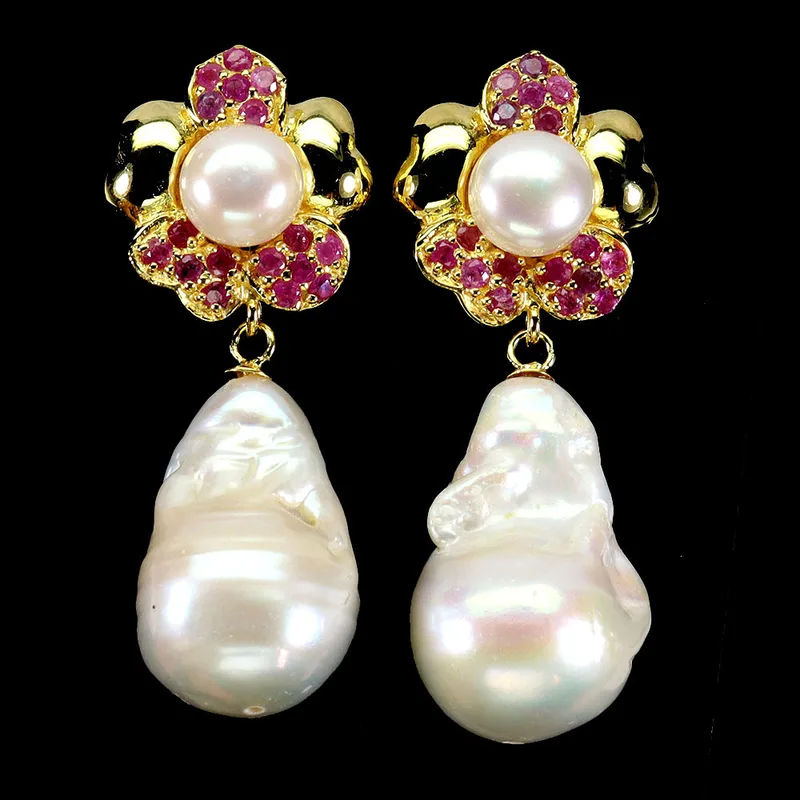 Baroque Pearl and Ruby Earrings