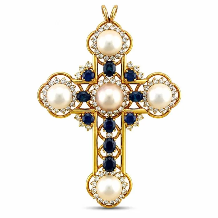Pendant - 14 kt. Yellow gold, Exclusive Very Large 14K Yellow Gold 8.75ct Sapphire 5.00ct Diamond & Pearl Cross Pendant - 13.75ct. tw. Sapphire - Diamond