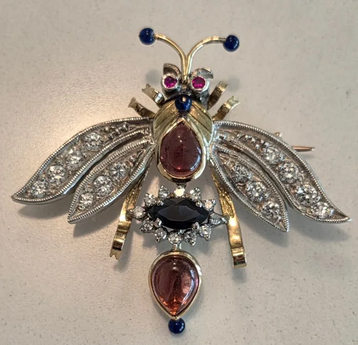 Brooch - 18 kt. Yellow gold Mixed gemstones - Diamond - Beautiful brooch