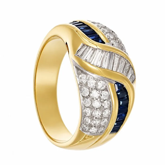 Ring - 18 kt. Yellow gold, White gold - 2.00ct. tw. Sapphire - Diamond - Made in Italy - Handmade